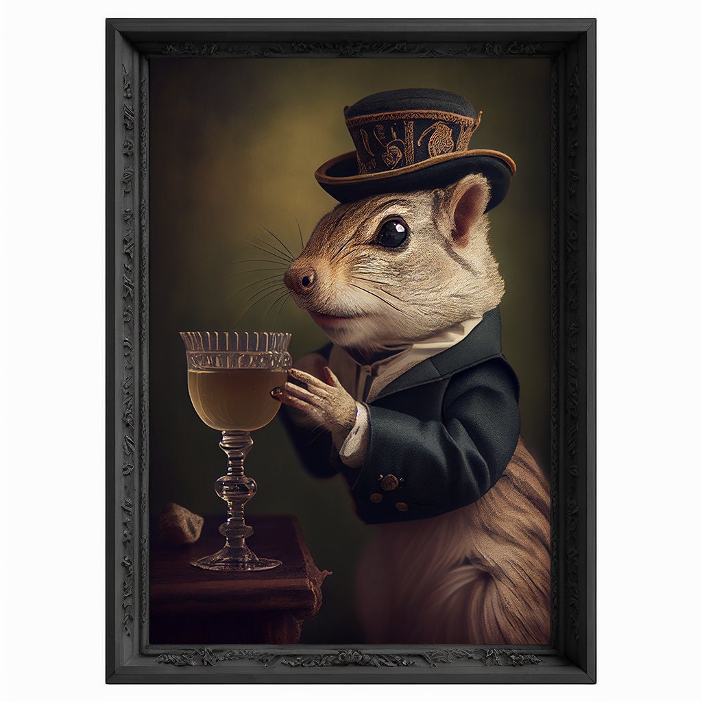 Champagne Chipmunk Portrait, Animal Head Painting, Altered Art, Bar Room Poster, Regal Vintage Artwork, Unique Art Prints, Funny Gift