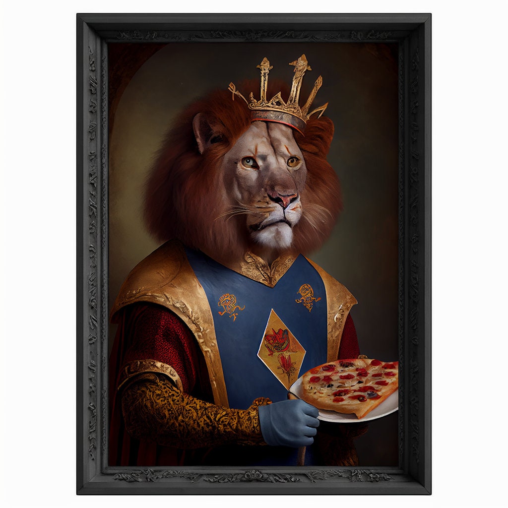 Lion King Portrait Eating Pizza, Animal Painting, Altered Art, Bar Room Poster, Regal Vintage Artwork, Unique Art Prints, Funny Gift
