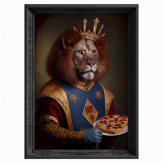 Lion King Portrait Eating Pizza, Animal Painting, Altered Art, Bar Room Poster, Regal Vintage Artwork, Unique Art Prints, Funny Gift