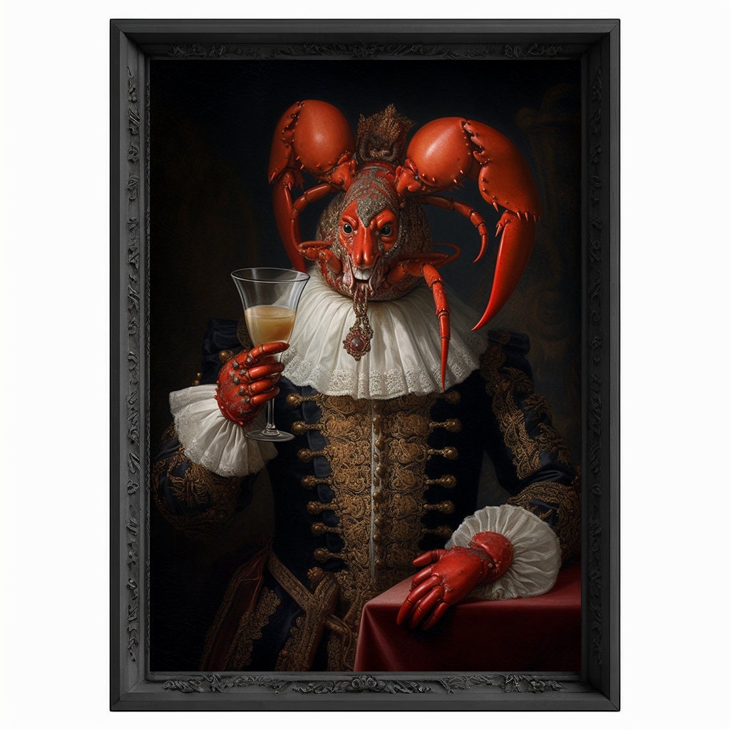 Lobster Drinks Wine Portrait, Animal Painting, Altered Art, Bar Room Poster, Regal Vintage Artwork, Unique Art Prints, Funny Gift