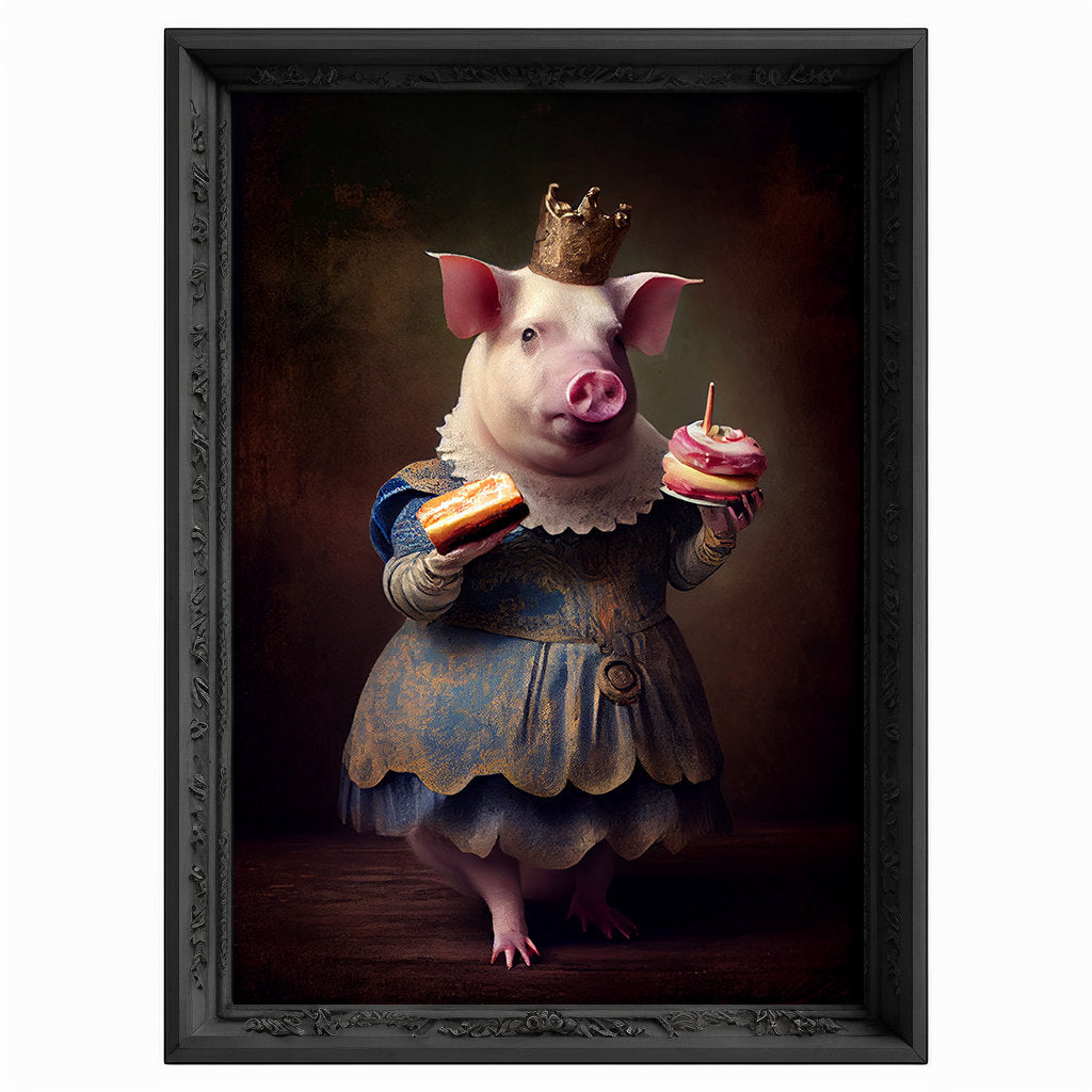 Royal Pig Eating Donut Portrait, Animal Painting, Altered Art, Bar Room Poster, Regal Vintage Artwork, Unique Art Prints, Funny Gift