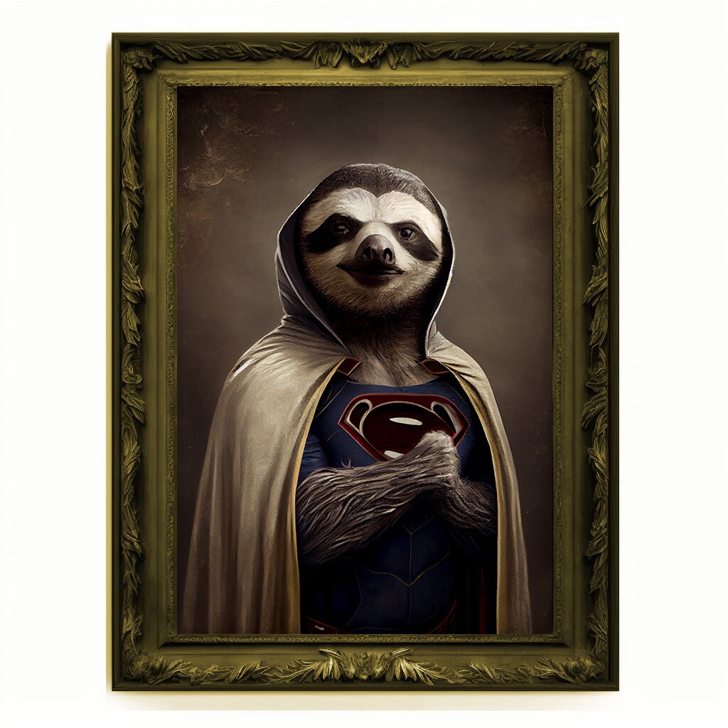 Superhero Sloth Portrait, Animal Painting, Altered Art, Bar Room Poster, Regal Vintage Artwork, Unique Art Prints, Funny Gift