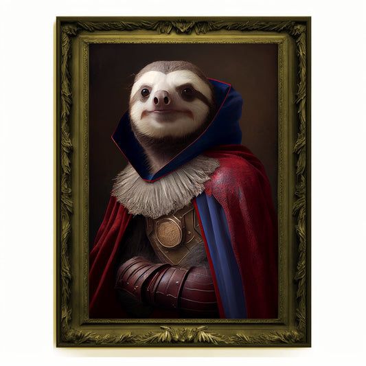 Superhero Sloth Portrait, Animal Painting, Altered Art, Bar Room Poster, Regal Vintage Artwork, Unique Art Prints, Funny Gift