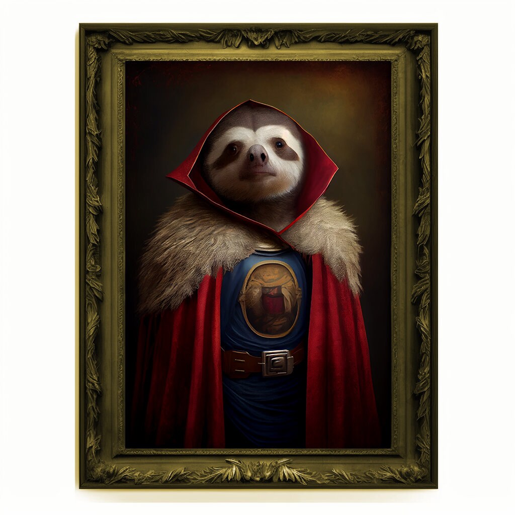 Superhero Sloth Portrait, Animal Painting, Altered Art, Bar Room Poster, Regal Vintage Artwork, Unique Art Prints, Funny Gift