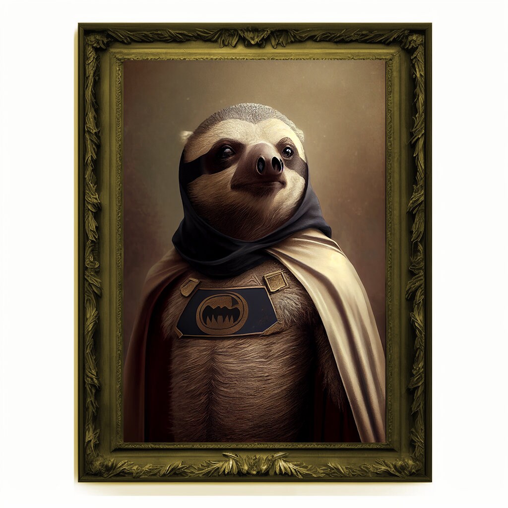 Superhero Sloth Portrait, Animal Painting, Altered Art, Bar Room Poster, Regal Vintage Artwork, Unique Art Prints, Funny Gift