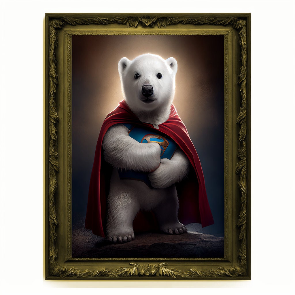 Superhero Polar Bear Cub Portrait, Animal Painting, Altered Art, Bar Room Poster, Regal Vintage Artwork, Unique Art Prints, Funny Gift