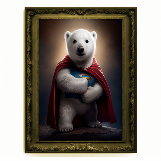 Superhero Polar Bear Cub Portrait, Animal Painting, Altered Art, Bar Room Poster, Regal Vintage Artwork, Unique Art Prints, Funny Gift