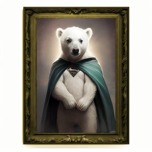 Superhero Polar Bear Cub Portrait, Animal Painting, Altered Art, Bar Room Poster, Regal Vintage Artwork, Unique Art Prints, Funny Gift