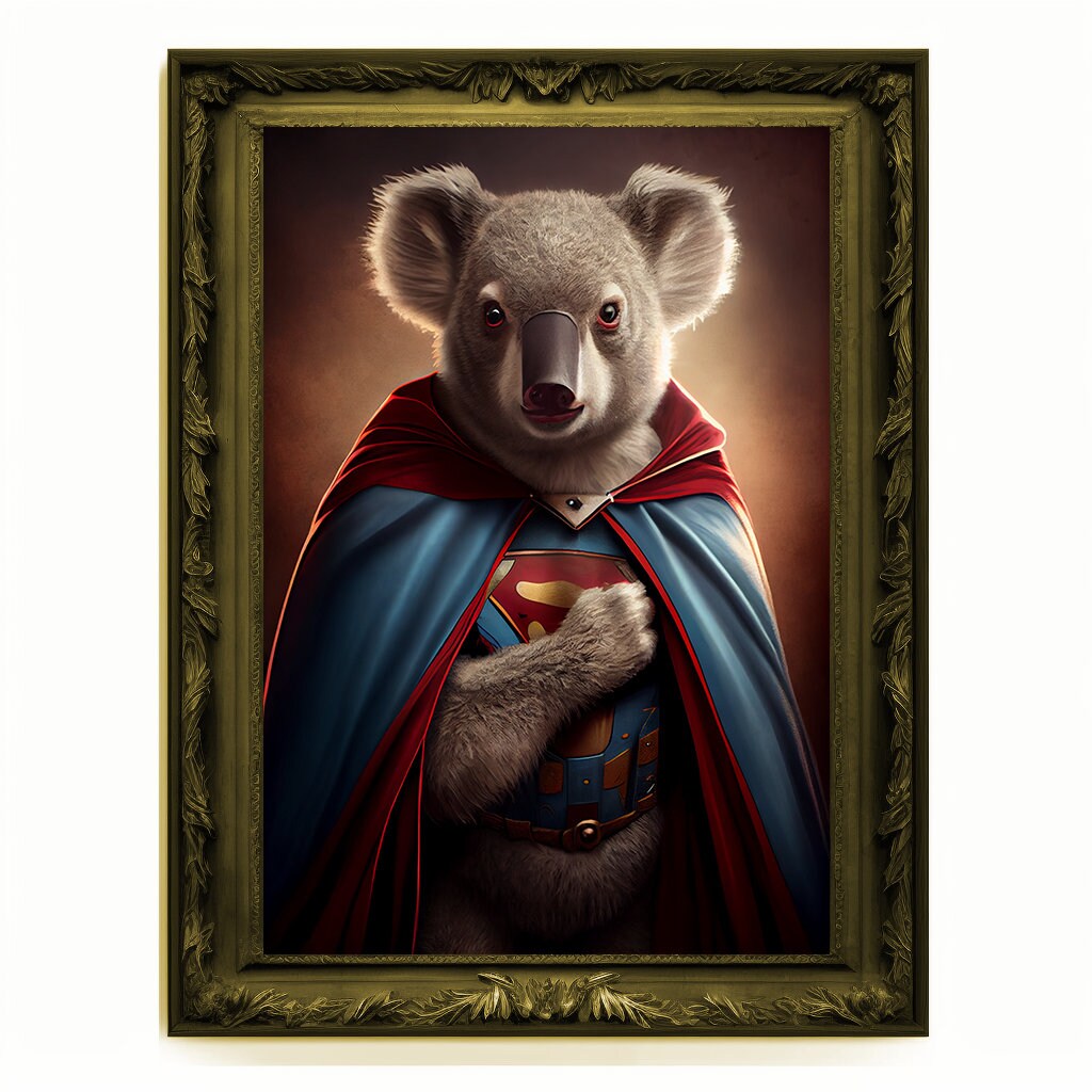 Superhero Koala Bear Portrait, Animal Painting, Altered Art, Bar Room Poster, Regal Vintage Artwork, Unique Art Prints, Funny Gift