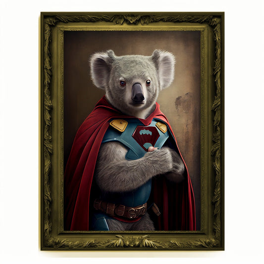 Superhero Koala Bear Portrait, Animal Painting, Altered Art, Bar Room Poster, Regal Vintage Artwork, Unique Art Prints, Funny Gift