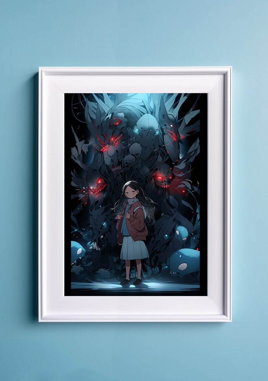 Blue Aesthetic Terror Horror Anime Art Print, Monster Art Manga Japanese Movie Poster, Ghibli Art Inspired Gamer Art Wall Art, Animation Art