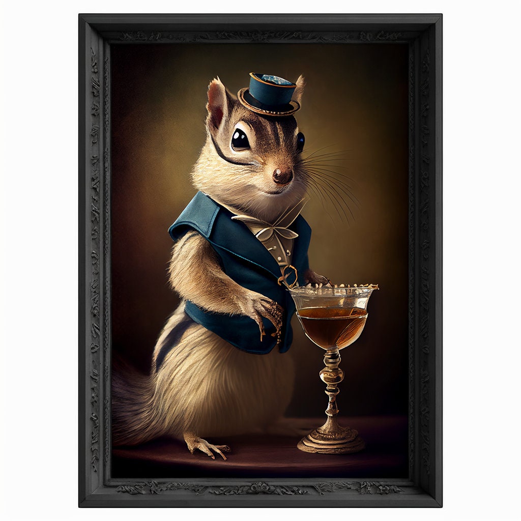 Champagne Chipmunk Portrait, Animal Head Painting, Altered Art, Bar Room Poster, Regal Vintage Artwork, Unique Art Prints, Funny Gift