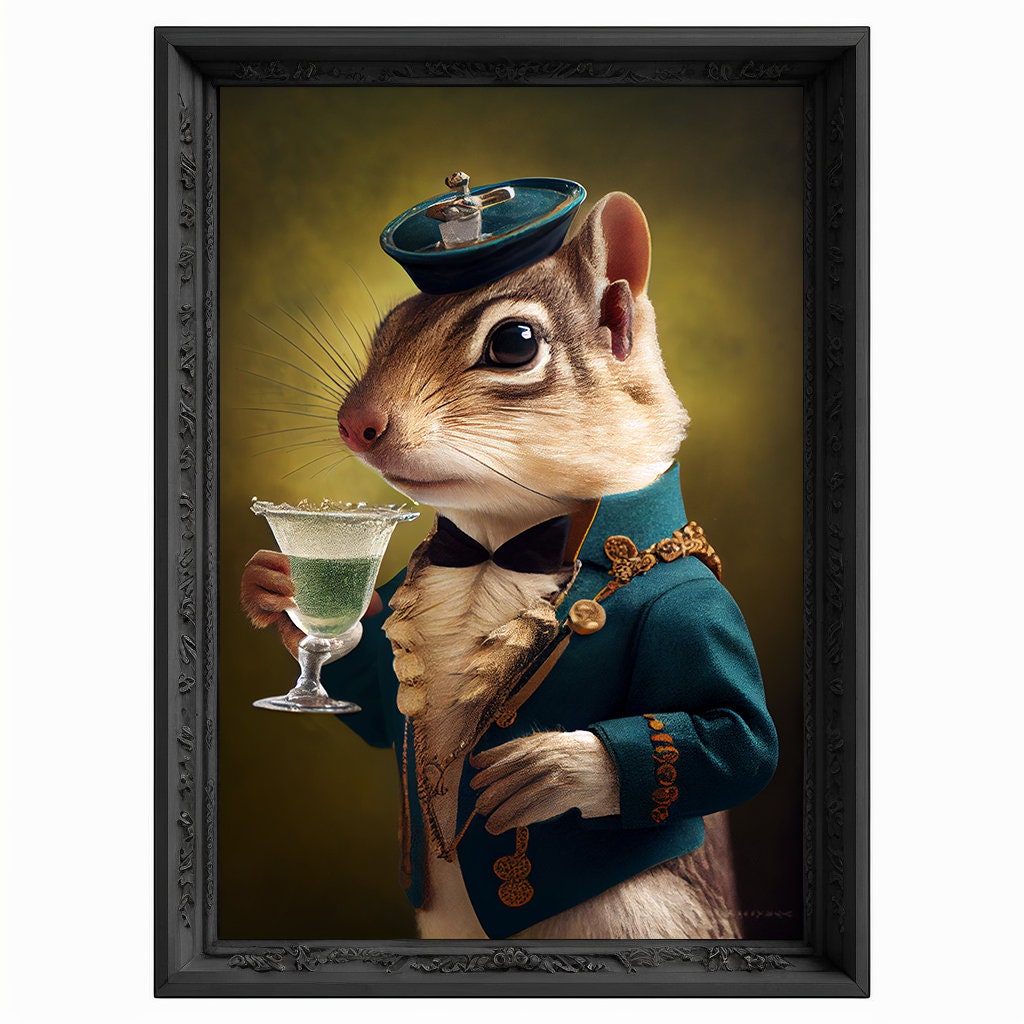 Champagne Chipmunk Portrait, Animal Head Painting, Altered Art, Bar Room Poster, Regal Vintage Artwork, Unique Art Prints, Funny Gift