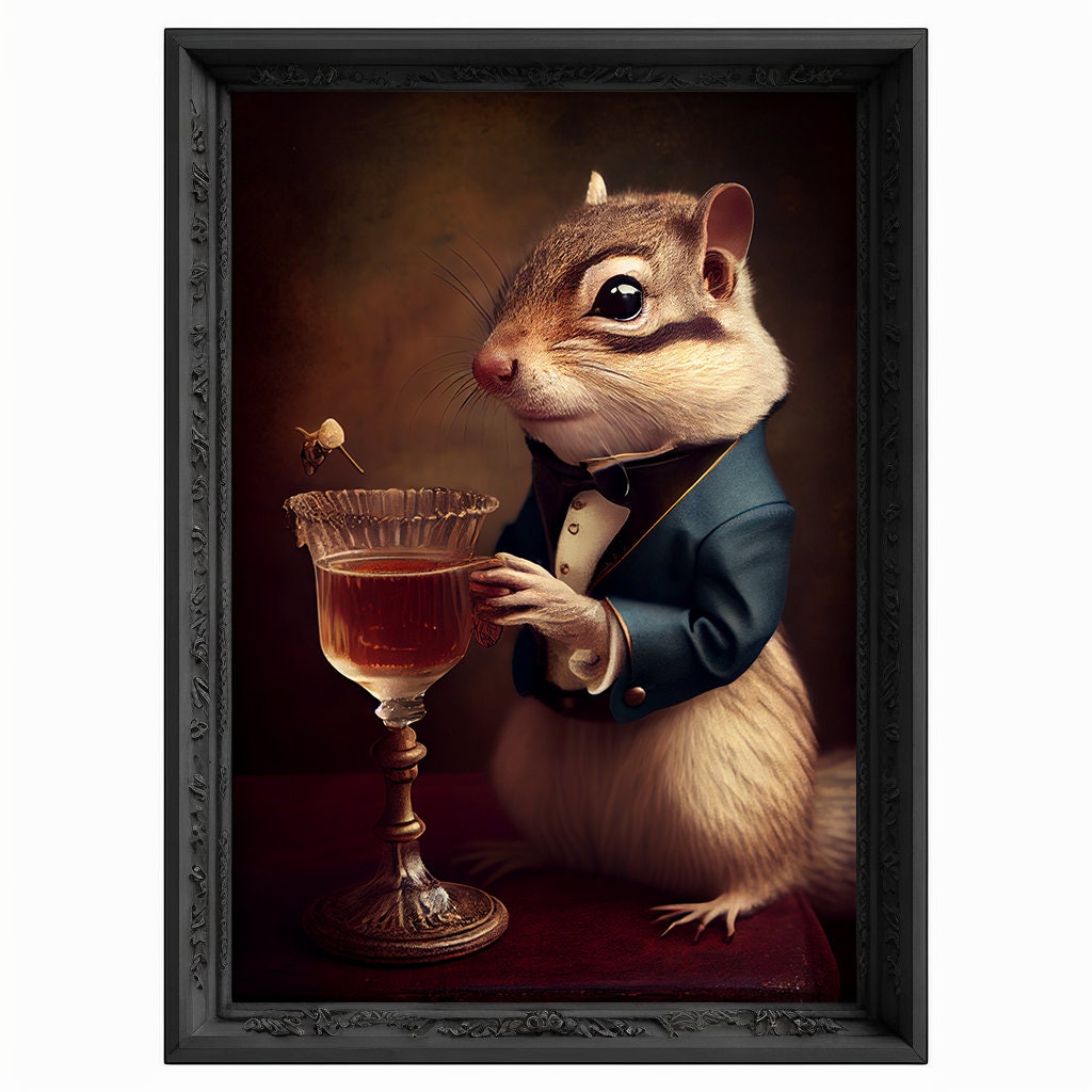Champagne Chipmunk Portrait, Animal Head Painting, Altered Art, Bar Room Poster, Regal Vintage Artwork, Unique Art Prints, Funny Gift