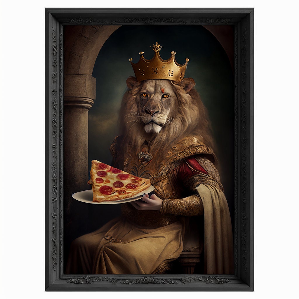 Lion King Portrait Eating Pizza, Animal Painting, Altered Art, Bar Room Poster, Regal Vintage Artwork, Unique Art Prints, Funny Gift