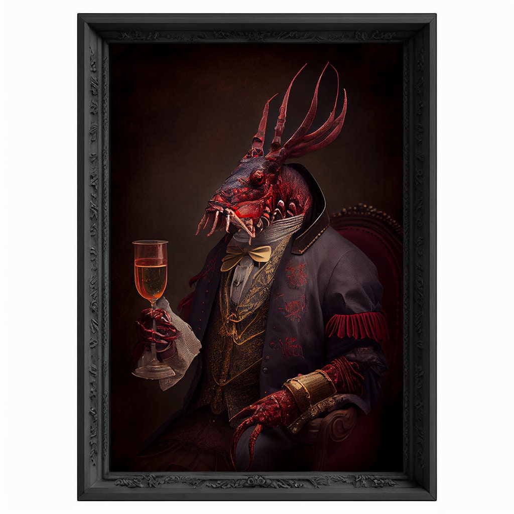 Lobster Drinks Wine Portrait, Animal Painting, Altered Art, Bar Room Poster, Regal Vintage Artwork, Unique Art Prints, Funny Gift