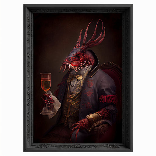Lobster Drinks Wine Portrait, Animal Painting, Altered Art, Bar Room Poster, Regal Vintage Artwork, Unique Art Prints, Funny Gift