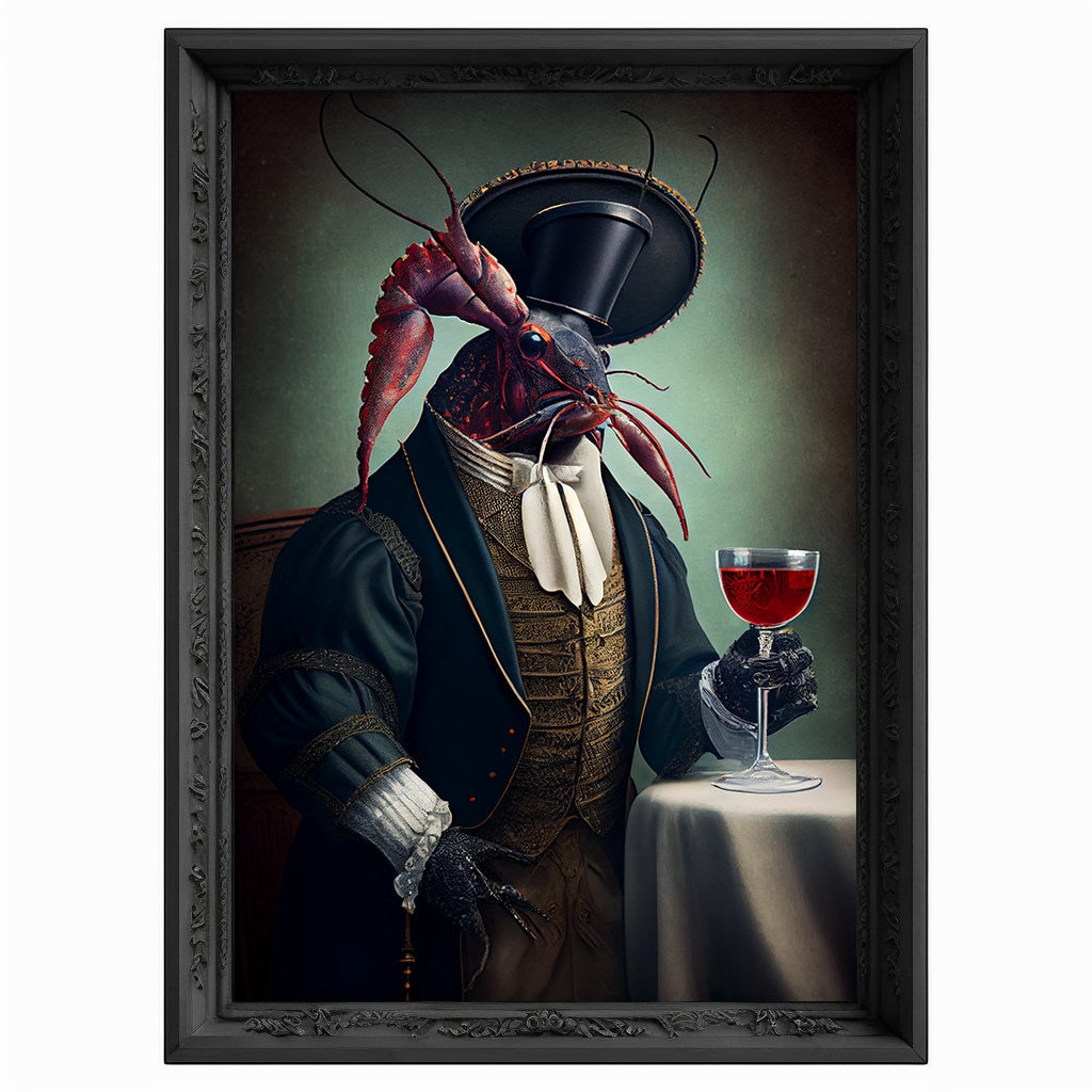 Lobster Drinks Wine Portrait, Animal Painting, Altered Art, Bar Room Poster, Regal Vintage Artwork, Unique Art Prints, Funny Gift
