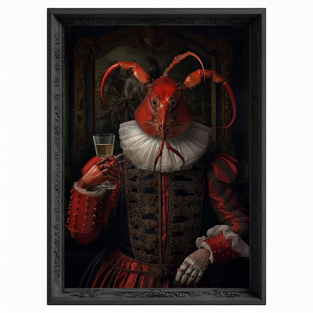 Lobster Drinks Wine Portrait, Animal Painting, Altered Art, Bar Room Poster, Regal Vintage Artwork, Unique Art Prints, Funny Gift