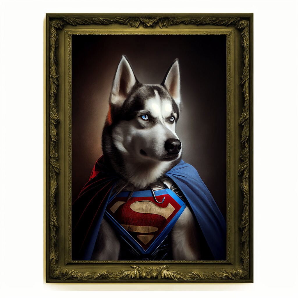 Superhero Husky Portrait, Animal Wolf Painting, Altered Art, Bar Room Poster, Regal Vintage Artwork, Unique Art Prints, Funny Dog Gift