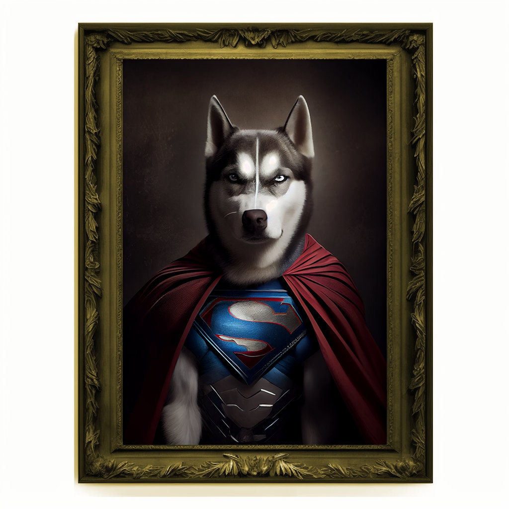 Superhero Husky Portrait, Animal Wolf Painting, Altered Art, Bar Room Poster, Regal Vintage Artwork, Unique Art Prints, Funny Dog Gift
