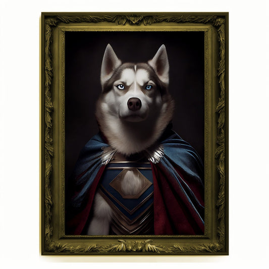 Superhero Husky Portrait, Animal Wolf Painting, Altered Art, Bar Room Poster, Regal Vintage Artwork, Unique Art Prints, Funny Dog Gift
