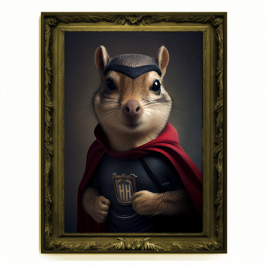 Superhero Chipmunk Portrait, Animal Painting, Altered Art, Bar Room Poster, Regal Vintage Artwork, Unique Art Prints, Funny Pet Gift