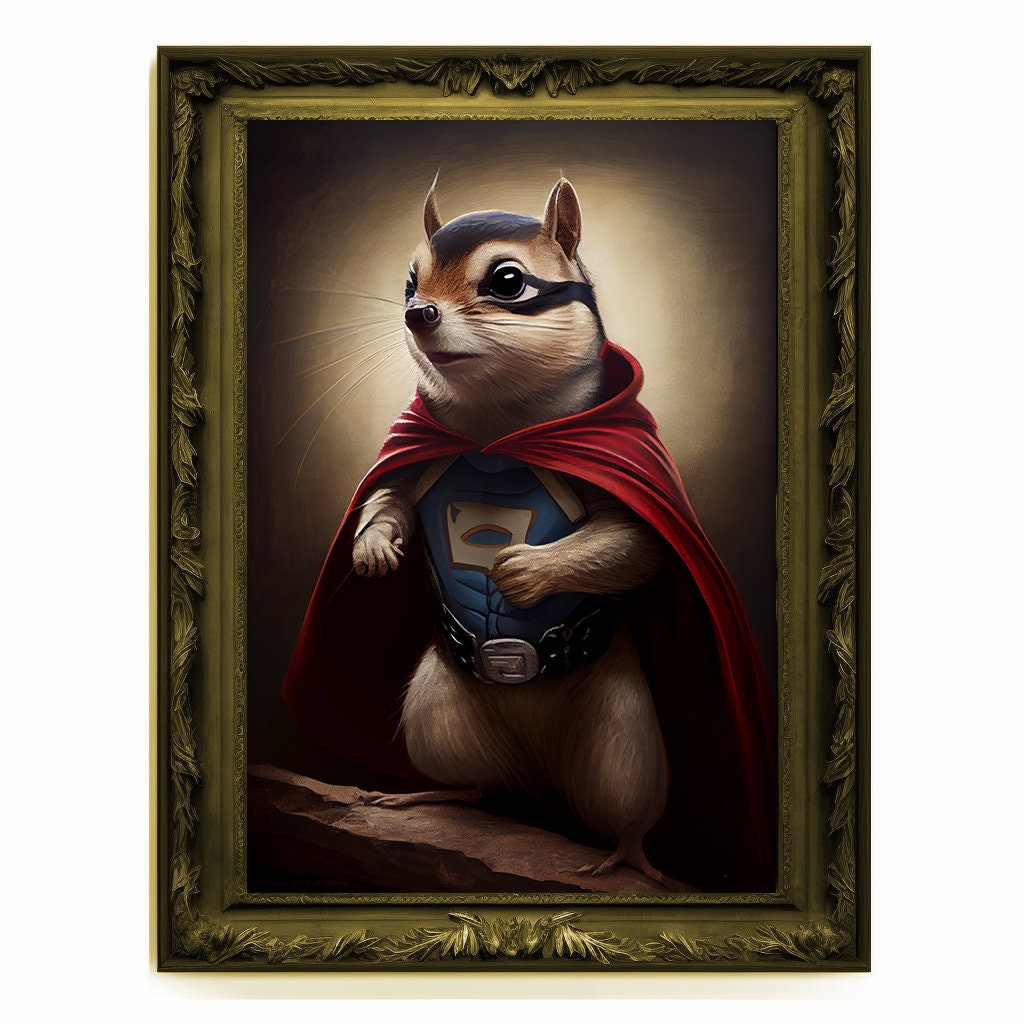 Superhero Chipmunk Portrait, Animal Painting, Altered Art, Bar Room Poster, Regal Vintage Artwork, Unique Art Prints, Funny Pet Gift