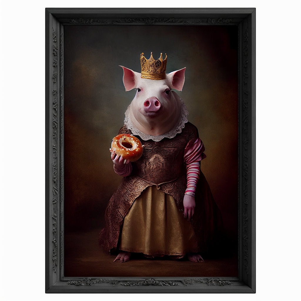Royal Pig Eating Donut Portrait, Animal Painting, Altered Art, Bar Room Poster, Regal Vintage Artwork, Unique Art Prints, Funny Gift
