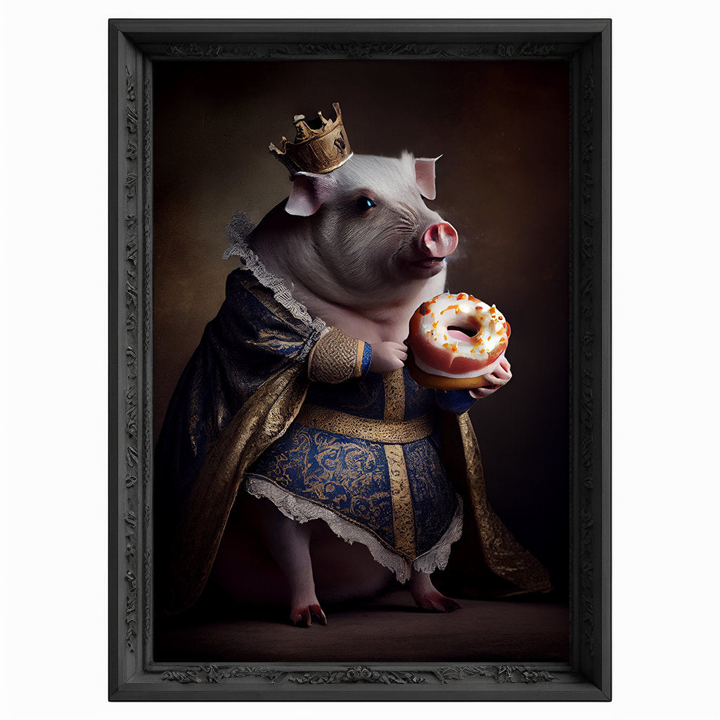 Royal Pig Eating Donut Portrait, Animal Painting, Altered Art, Bar Room Poster, Regal Vintage Artwork, Unique Art Prints, Funny Gift