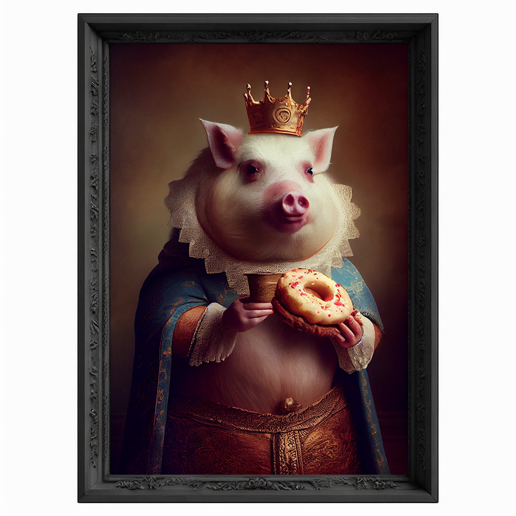Royal Pig Eating Donut Portrait, Animal Painting, Altered Art, Bar Room Poster, Regal Vintage Artwork, Unique Art Prints, Funny Gift
