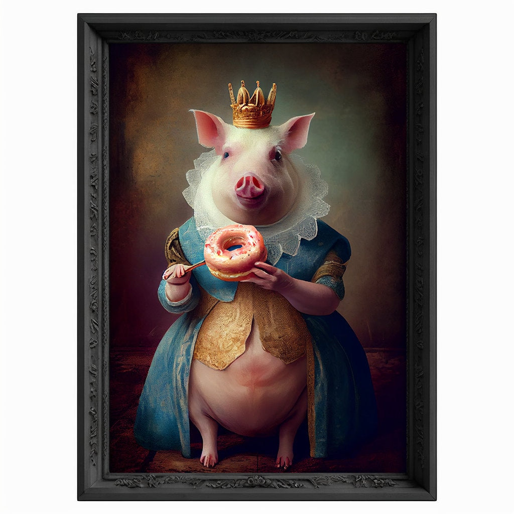 Royal Pig Eating Donut Portrait, Animal Painting, Altered Art, Bar Room Poster, Regal Vintage Artwork, Unique Art Prints, Funny Gift