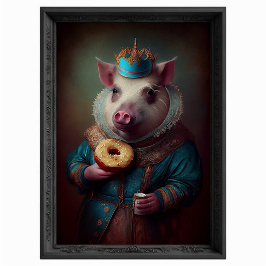 Royal Pig Eating Donut Portrait, Animal Painting, Altered Art, Bar Room Poster, Regal Vintage Artwork, Unique Art Prints, Funny Gift