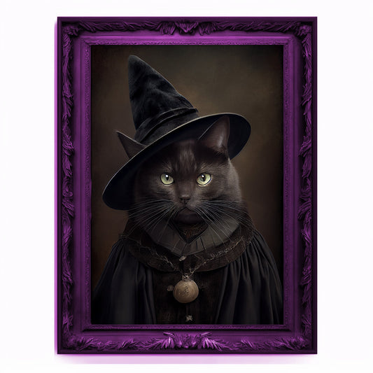 Witch Cat Portrait, Animal Painting, Altered Art, witchcraft Decor, Regal Vintage Artwork, Unique Prints, Funny Pet Gift, Salem Cat Print