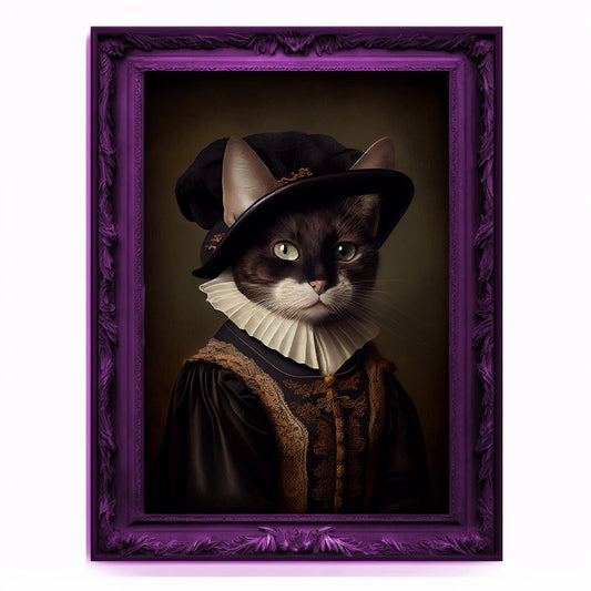 Witch Cat Portrait, Animal Painting, Altered Art, witchcraft Decor, Regal Vintage Artwork, Unique Prints, Funny Pet Gift, Salem Cat Print
