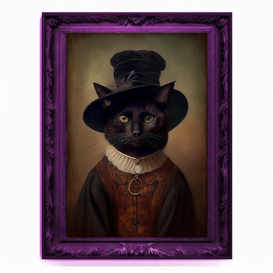 Witch Cat Portrait, Animal Painting, Altered Art, witchcraft Decor, Regal Vintage Artwork, Unique Prints, Funny Pet Gift, Salem Cat Print