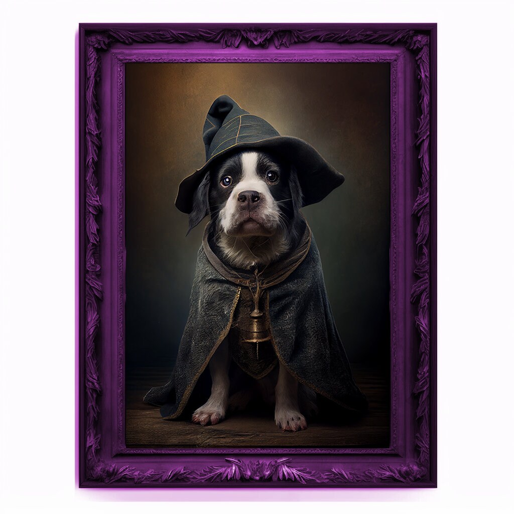 Wizard Dog Portrait, Magician Poster, Animal Painting, Altered Art, Magic Wand, Regal Vintage Artwork, Unique Prints, Pet Gift, Wizard Gift