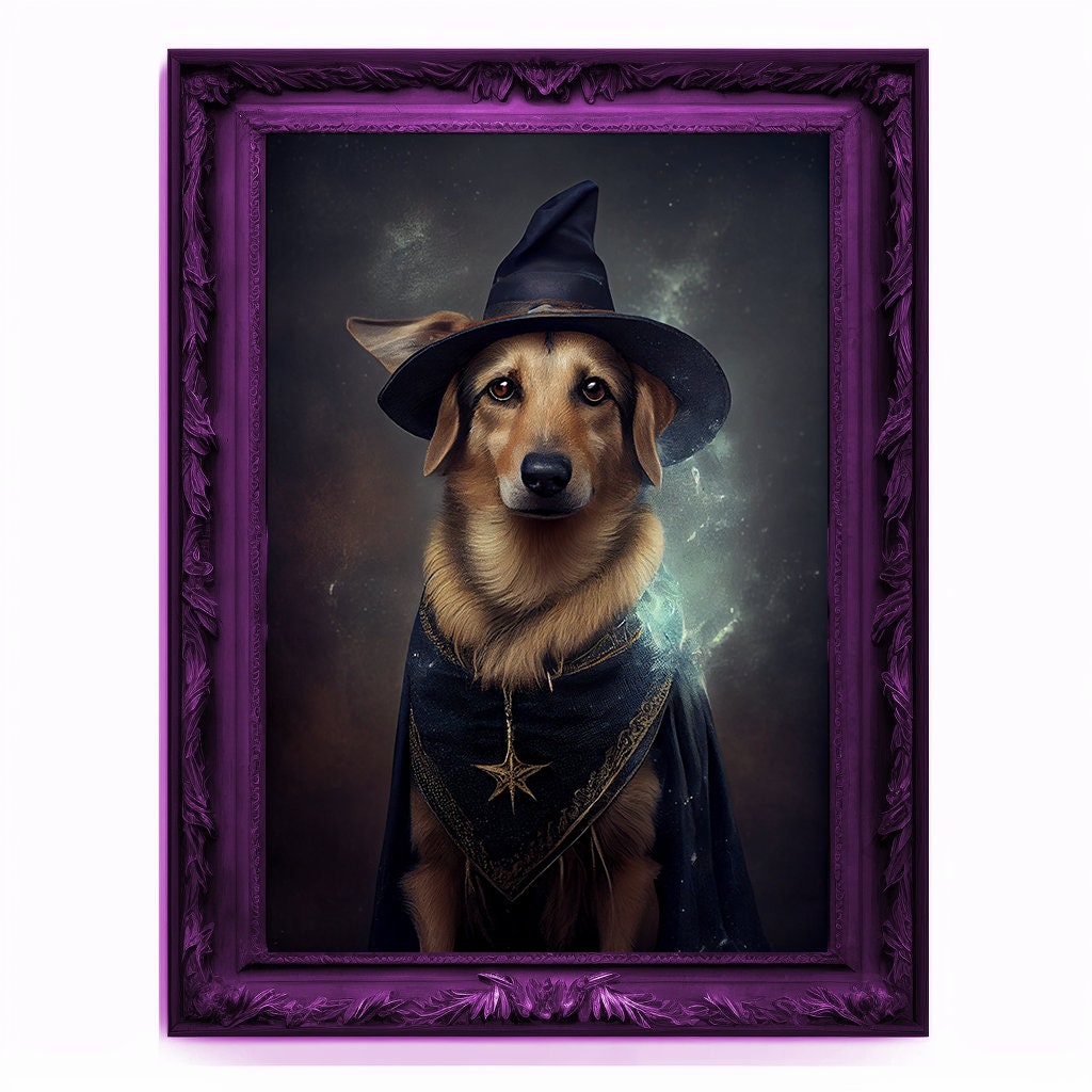 Wizard Dog Portrait, Magician Poster, Animal Painting, Altered Art, Magic Wand, Regal Vintage Artwork, Unique Prints, Pet Gift, Wizard Gift