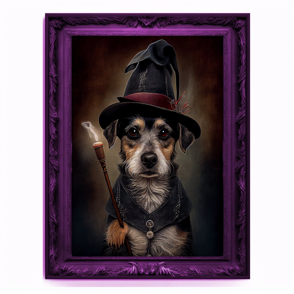 Wizard Dog Portrait, Magician Poster, Animal Painting, Altered Art, Magic Wand, Regal Vintage Artwork, Unique Prints, Pet Gift, Wizard Gift