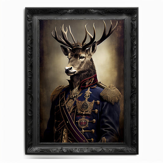Military Stag Wall Art Print, Animal Lover Vintage Regal Stag Art Deer Poster Renaissance. Victorian Stag Portrait, Royal Painting Pet Gift