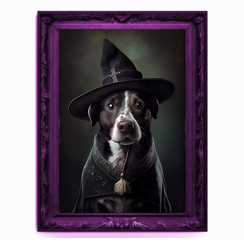 Wizard Dog Portrait, Magician Poster, Animal Painting, Altered Art, Magic Wand, Regal Vintage Artwork, Unique Prints, Pet Gift, Wizard Gift