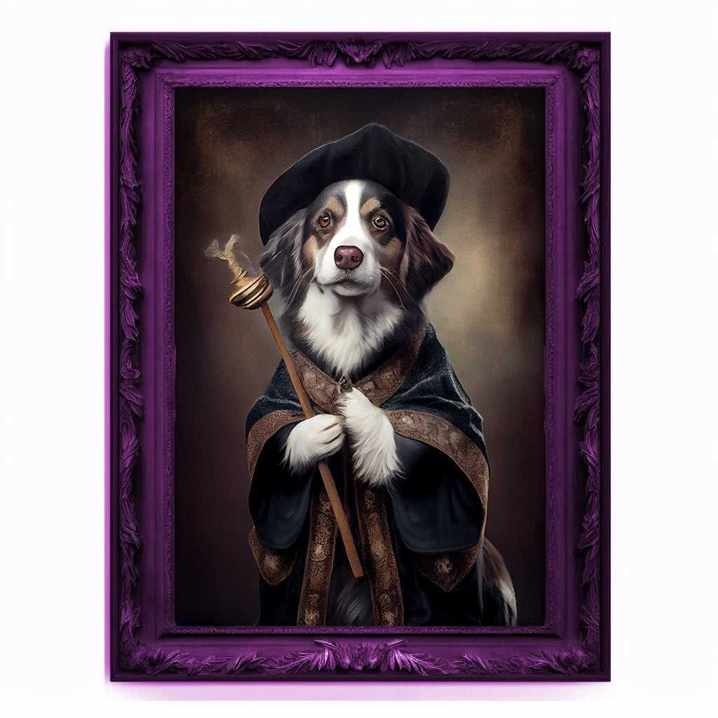 Wizard Dog Portrait, Magician Poster, Animal Painting, Altered Art, Magic Wand, Regal Vintage Artwork, Unique Prints, Pet Gift, Wizard Gift