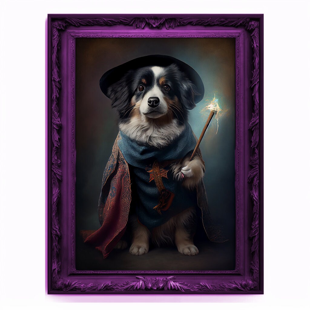 Wizard Dog Portrait, Magician Poster, Animal Painting, Altered Art, Magic Wand, Regal Vintage Artwork, Unique Prints, Pet Gift, Wizard Gift