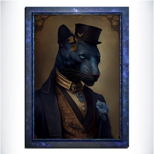 Blue Panther Wall Art Print, Blue Animal Lover Vintage Regal Art Poster. Victorian Gold Panther Portrait Royal Painting Puma Pet Gift - Wall Art Poster Print