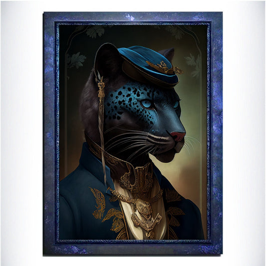 Blue Panther Wall Art Print, Blue Animal Lover Vintage Regal Art Poster. Victorian Gold Panther Portrait Royal Painting Puma Pet Gift - Wall Art Poster Print