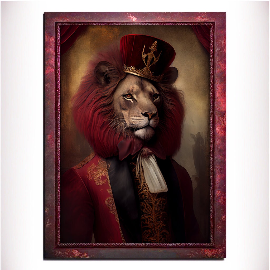 Red Lion Wall Art Print, Red Animal Lover Vintage Regal Art Poster. Victorian Red Lion Pub Portrait Royal Painting Red lion Bar Art Pet Gift - Wall Art Poster Print