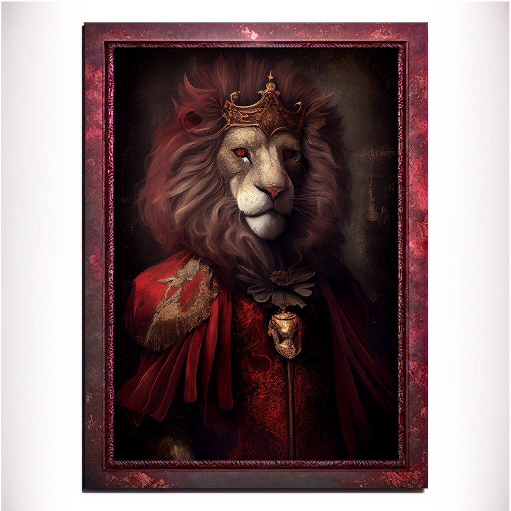 Red Lion Wall Art Print, Red Animal Lover Vintage Regal Art Poster. Victorian Red Lion Pub Portrait Royal Painting Red lion Bar Art Pet Gift - Wall Art Poster Print