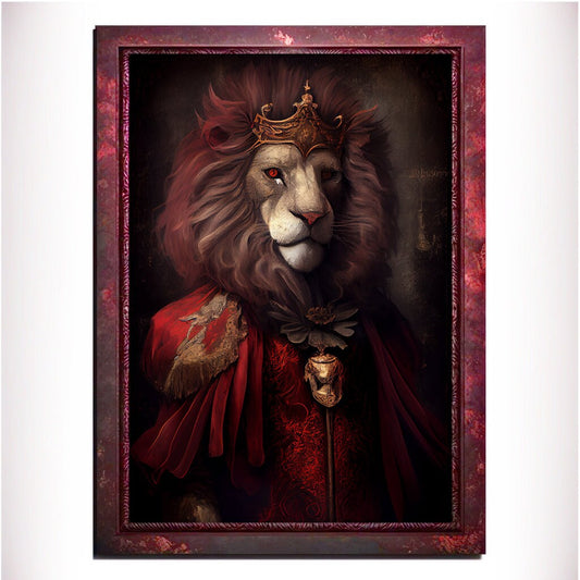 Red Lion Wall Art Print, Red Animal Lover Vintage Regal Art Poster. Victorian Red Lion Pub Portrait Royal Painting Red lion Bar Art Pet Gift - Wall Art Poster Print