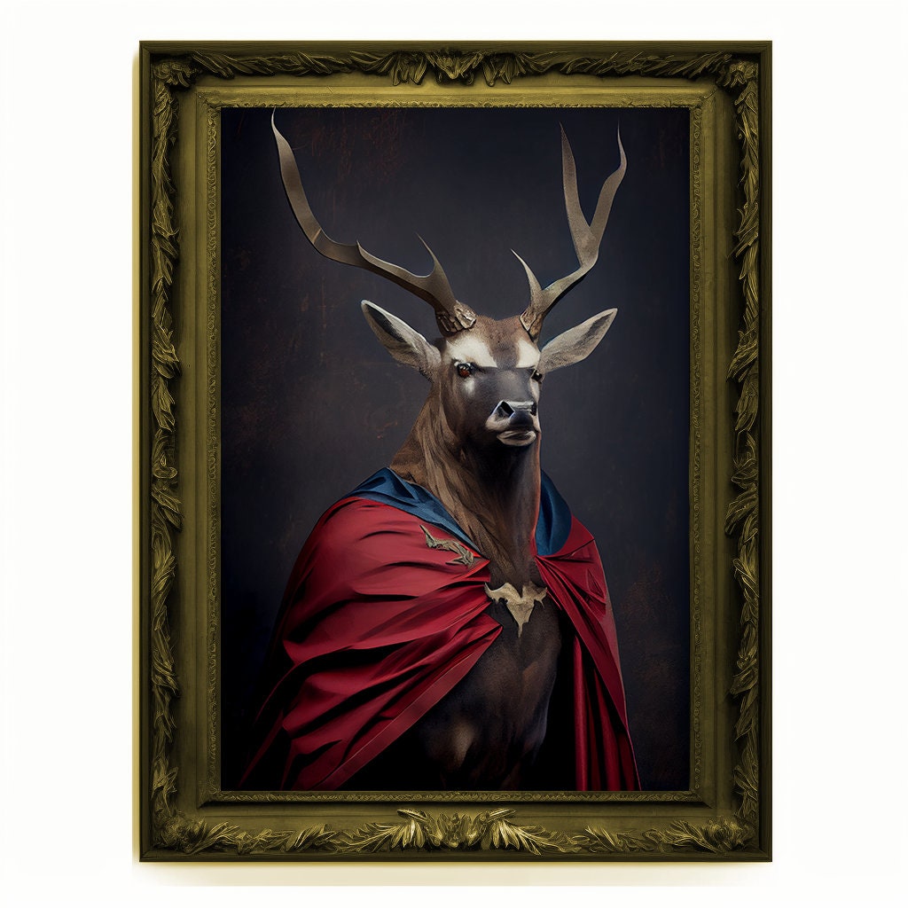 Superhero Stag Deer Portrait, Animal Painting, Altered Art, Bar Room Poster, Regal Vintage Artwork, Unique Art Prints, Funny Gift