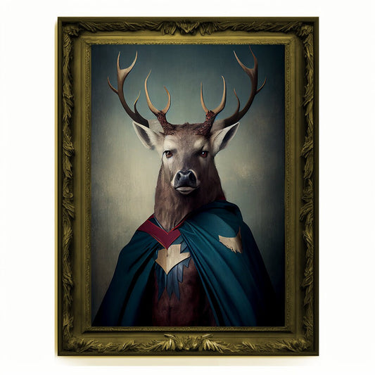 Superhero Stag Deer Portrait, Animal Painting, Altered Art, Bar Room Poster, Regal Vintage Artwork, Unique Art Prints, Funny Gift